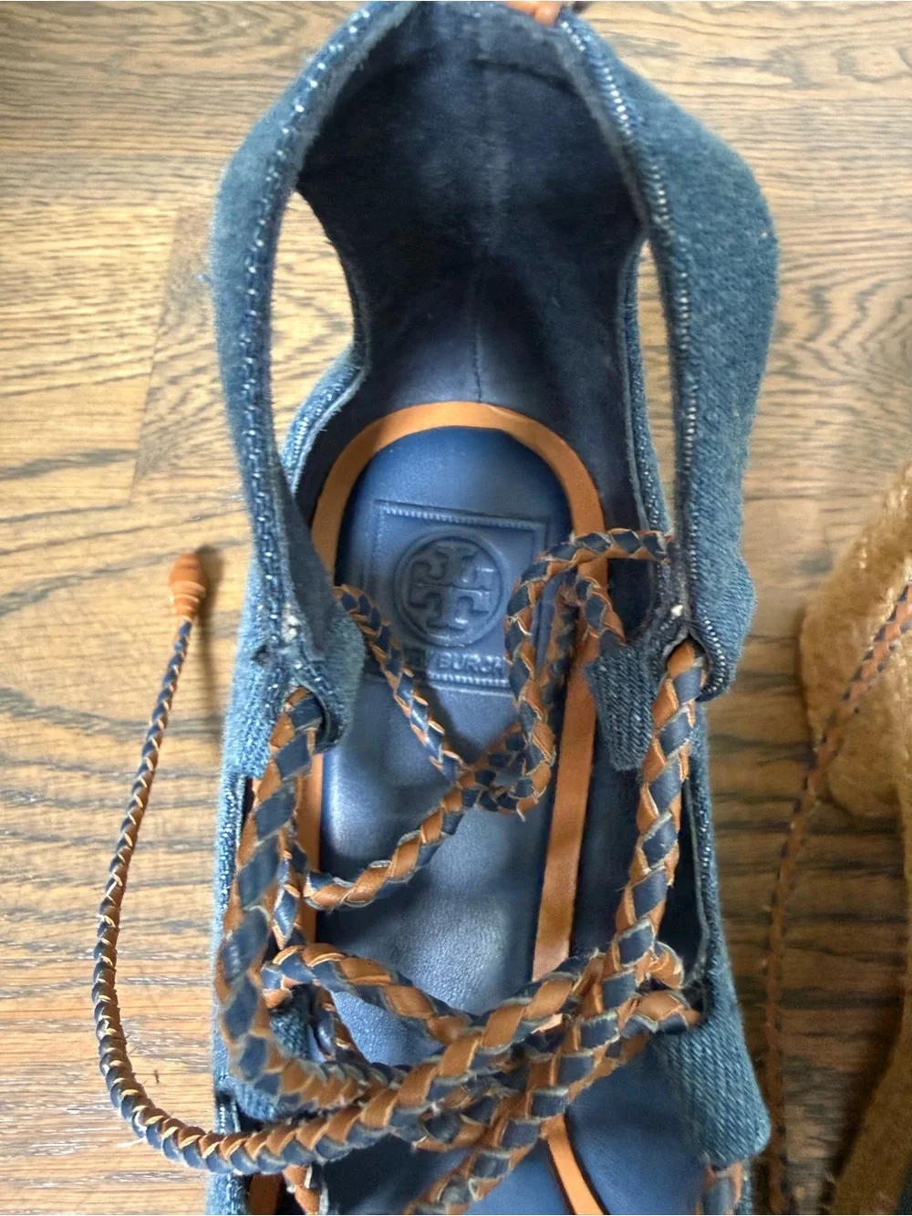 Tory Burch Positano lace-up platform espadrille in denim blue with leather laces